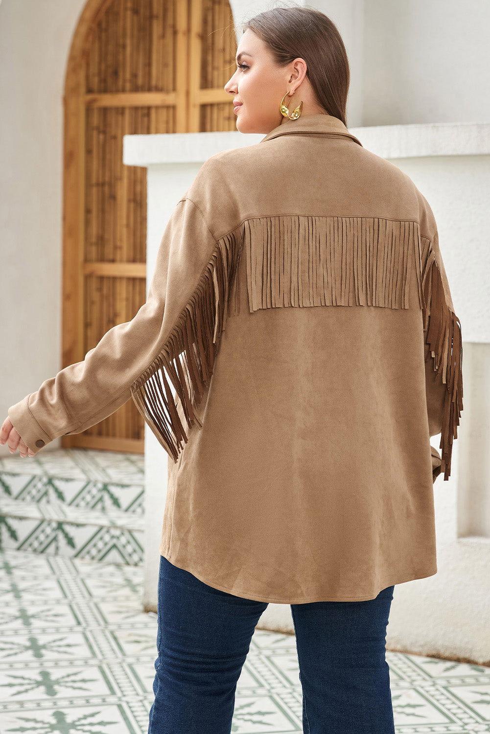 Plus Size Fringe Trim Snap Down Long Sleeve Shacket - Clothes For Her Online Store