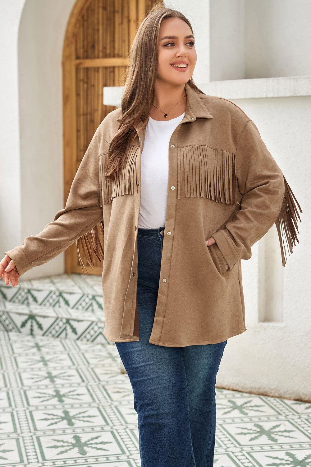 Plus Size Fringe Trim Snap Down Long Sleeve Shacket - Clothes For Her Online Store