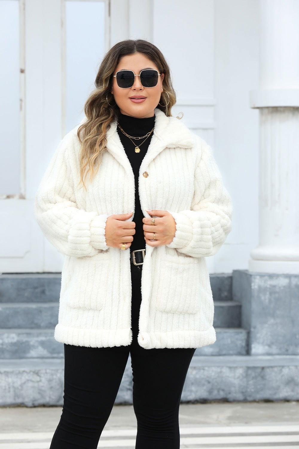 Plus Size Fuzzy Collared Neck Long Sleeve Jacket - Clothes For Her Online Store