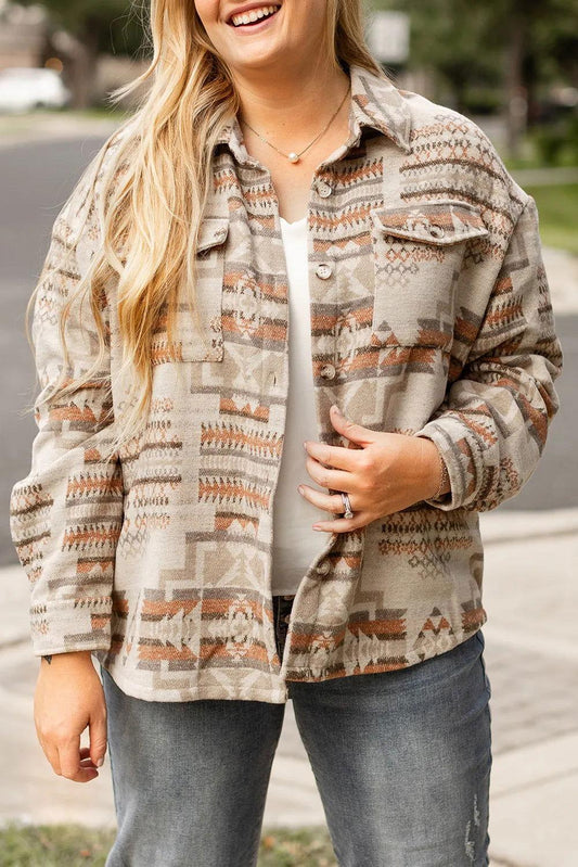 Plus Size Geometric Collared Neck Long Sleeve Jacket - Clothes For Her Online Store
