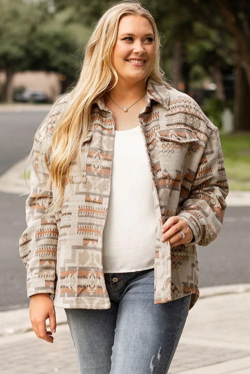 Plus Size Geometric Collared Neck Long Sleeve Jacket - Clothes For Her Online Store