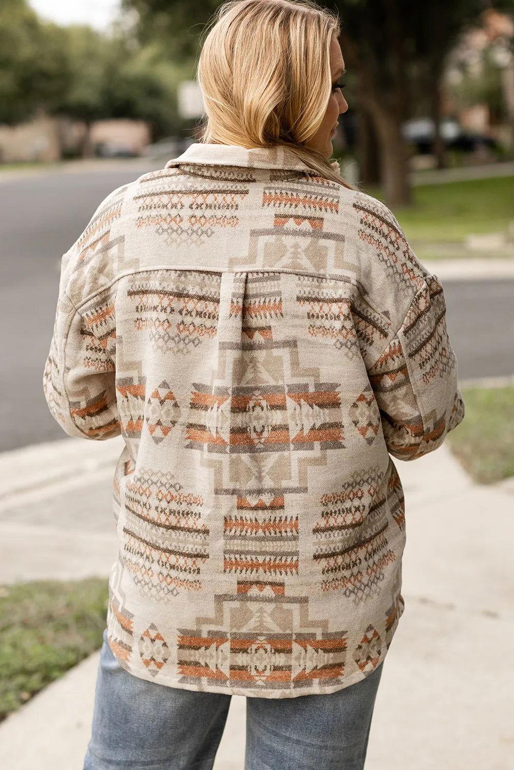 Plus Size Geometric Collared Neck Long Sleeve Jacket - Clothes For Her Online Store