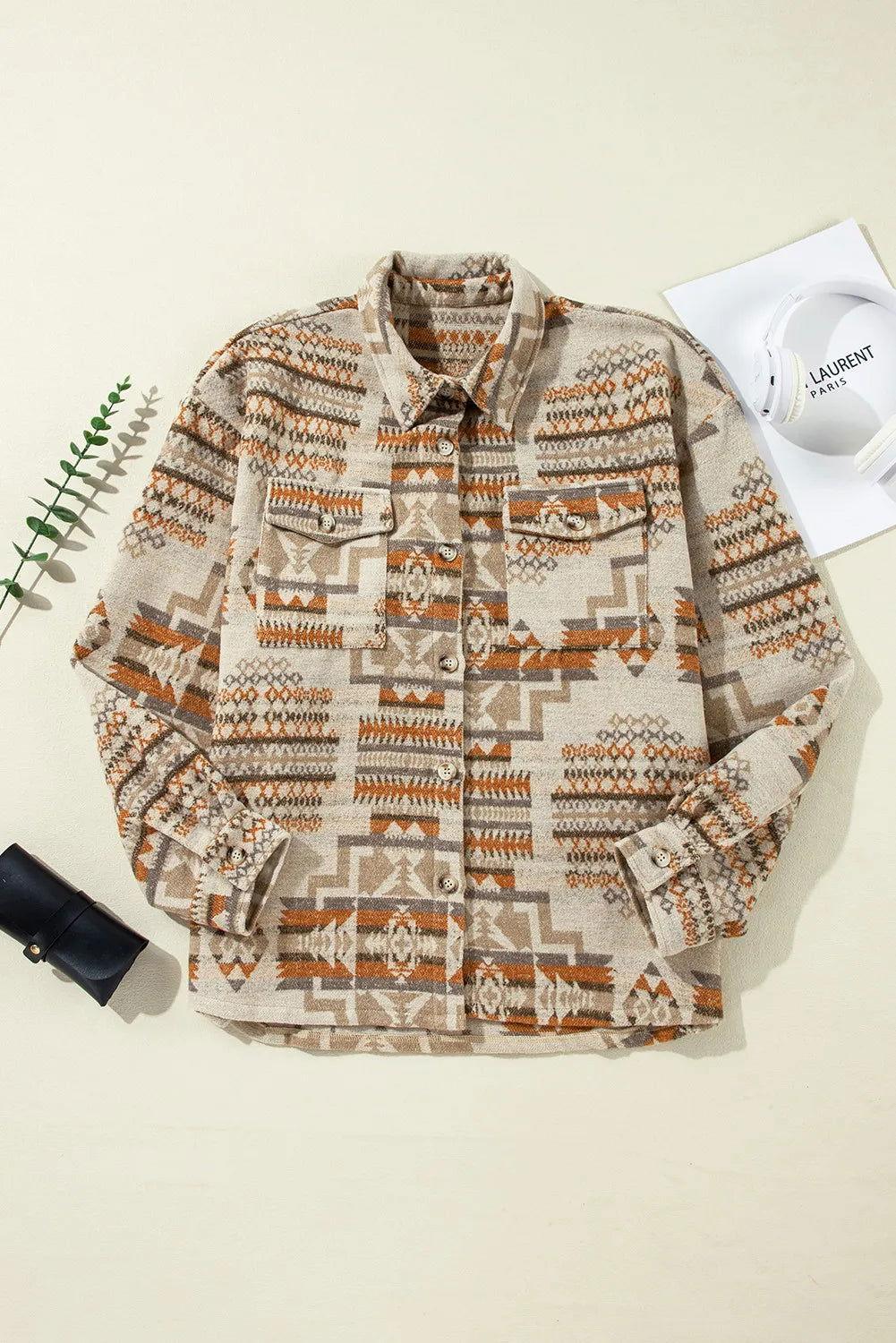 Plus Size Geometric Collared Neck Long Sleeve Jacket - Clothes For Her Online Store