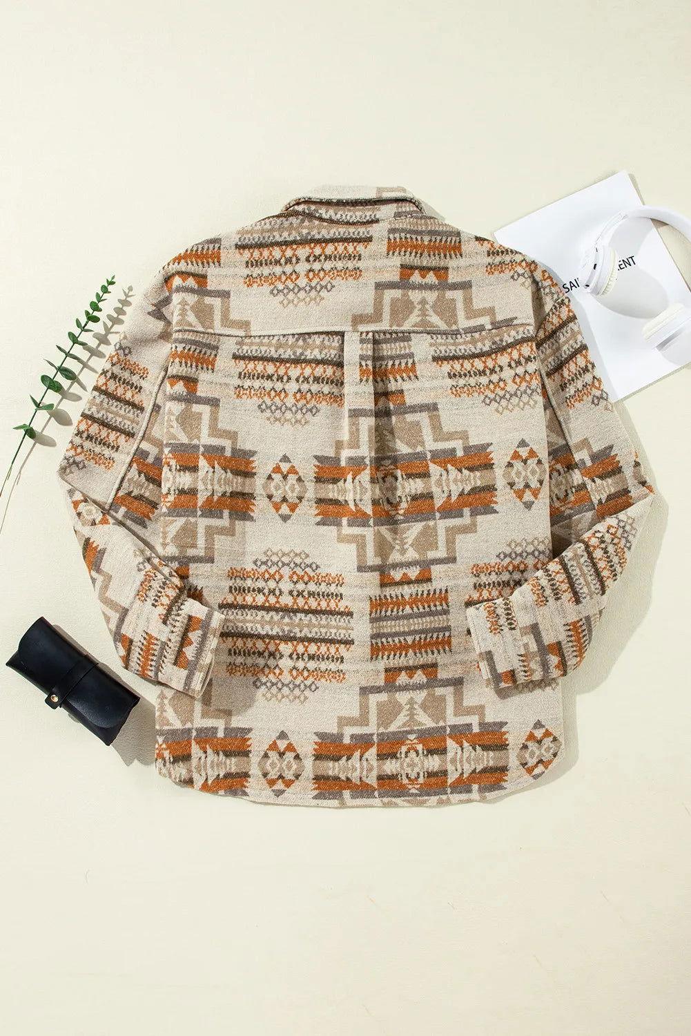 Plus Size Geometric Collared Neck Long Sleeve Jacket - Clothes For Her Online Store
