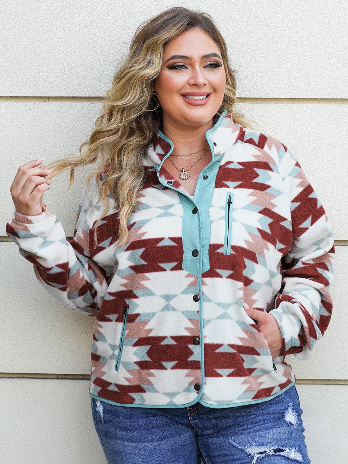 Plus Size Geometric Snap Down Long Sleeve Jacket - Clothes For Her Online Store