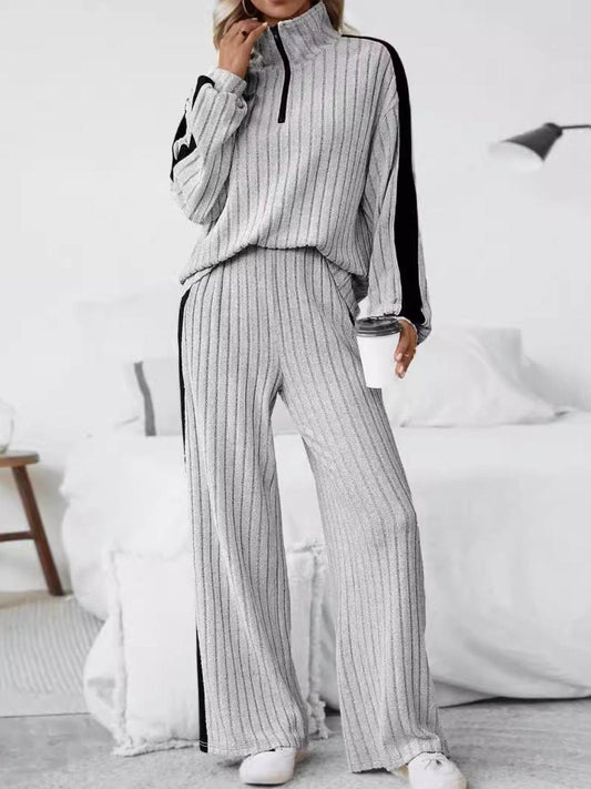 Plus Size Half Zip Long Sleeve Top and Pants Set - Clothes For Her Online Store