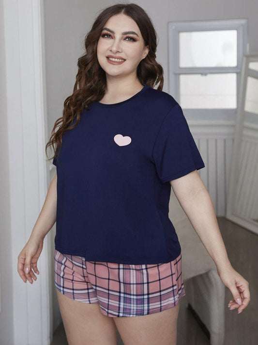Plus Size Heart Graphic Top and Plaid Shorts Loungewear Set - Clothes For Her Online Store