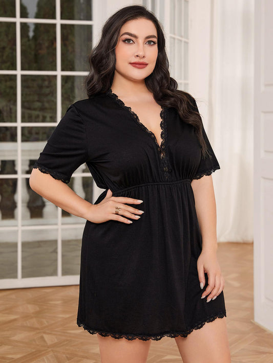 Plus Size Lace Trim Deep V Night Dress - Clothes For Her Online Store