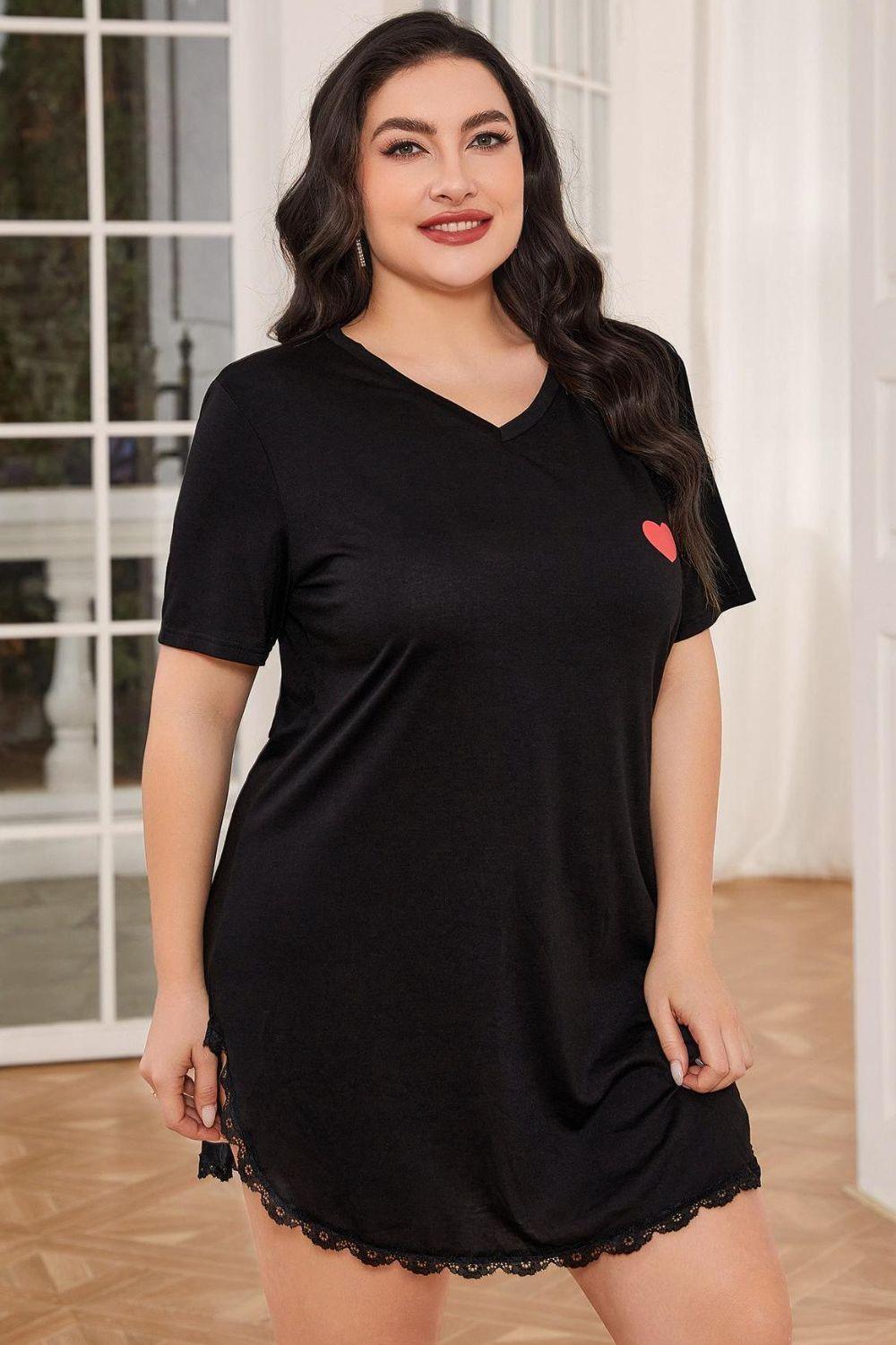 Plus Size Lace Trim V-Neck Short Sleeve Night Dress - Clothes For Her Online Store