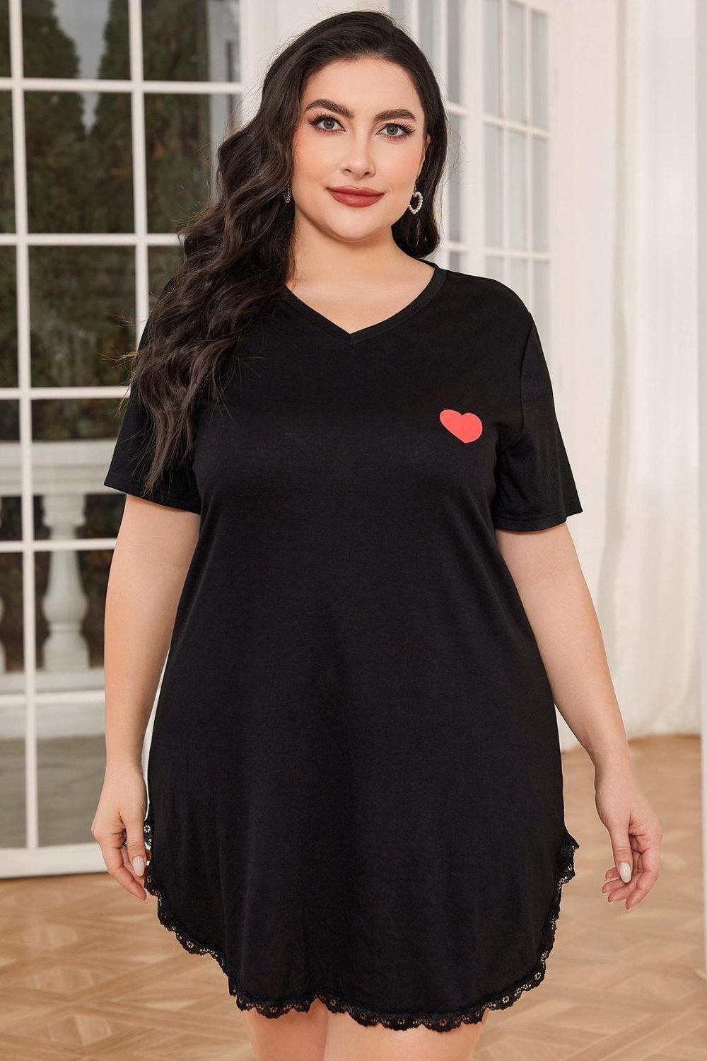 Plus Size Lace Trim V-Neck Short Sleeve Night Dress - Clothes For Her Online Store