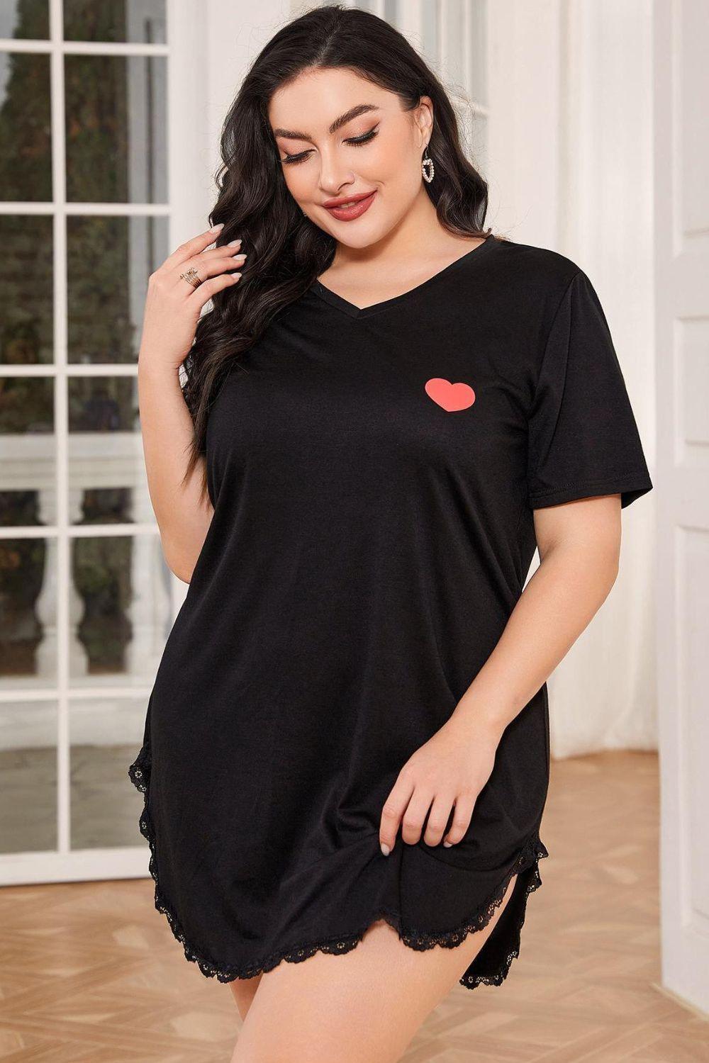 Plus Size Lace Trim V-Neck Short Sleeve Night Dress - Clothes For Her Online Store