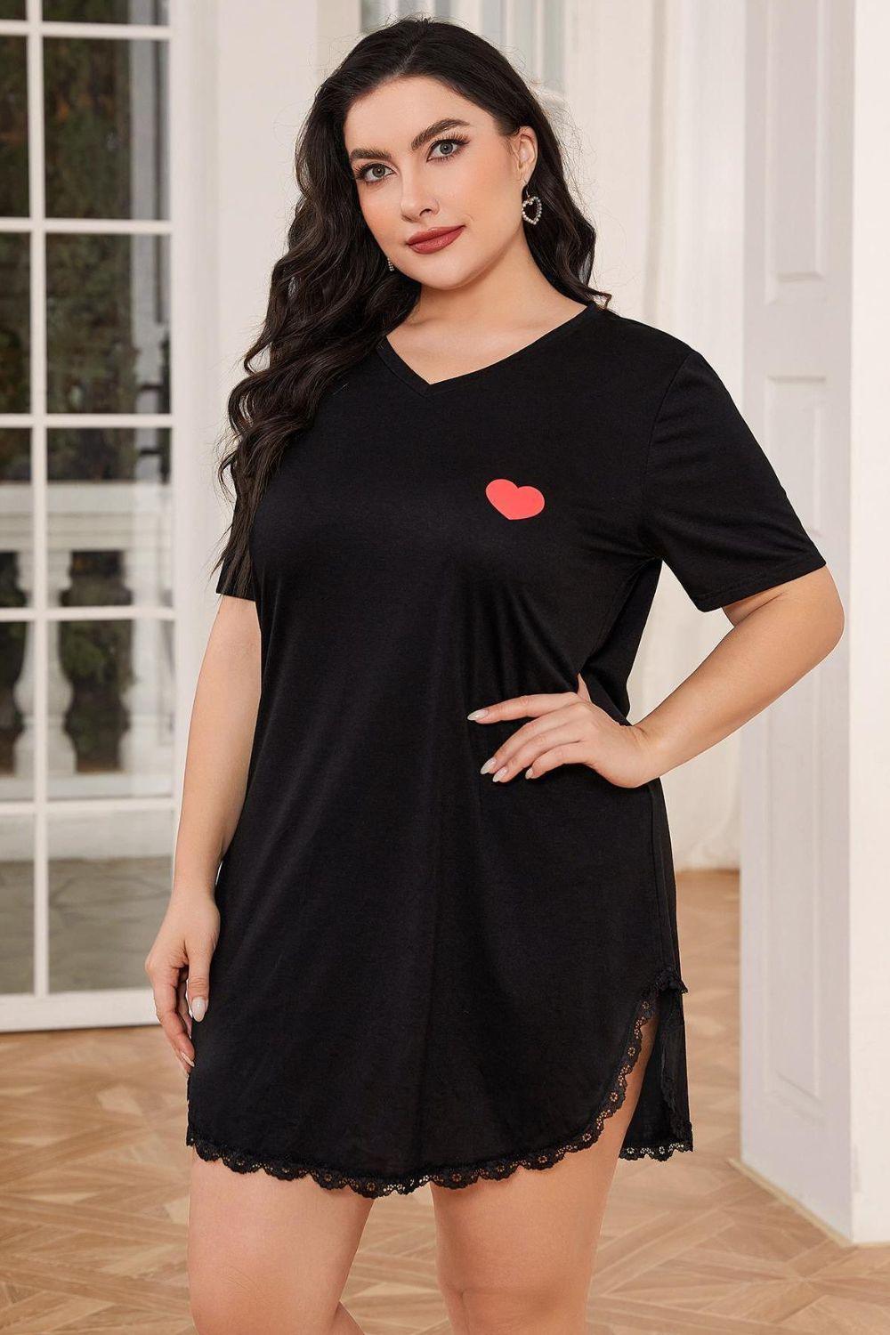 Plus Size Lace Trim V-Neck Short Sleeve Night Dress - Clothes For Her Online Store