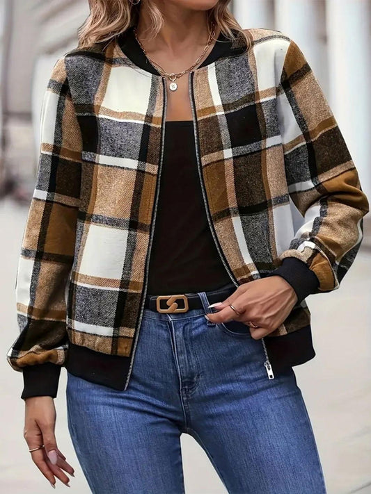Plus Size Plaid Baseball Collar Zip Up Jacket - Clothes For Her Online Store