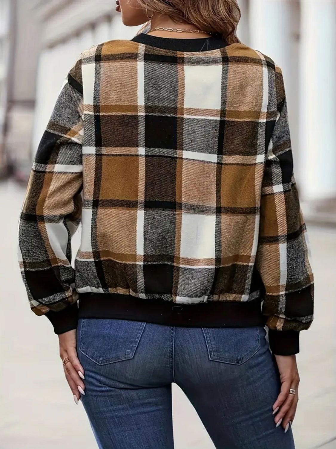 Plus Size Plaid Baseball Collar Zip Up Jacket - Clothes For Her Online Store