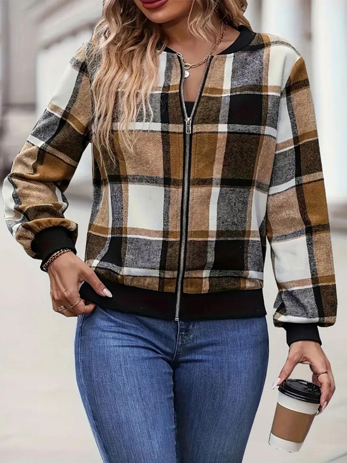 Plus Size Plaid Baseball Collar Zip Up Jacket - Clothes For Her Online Store