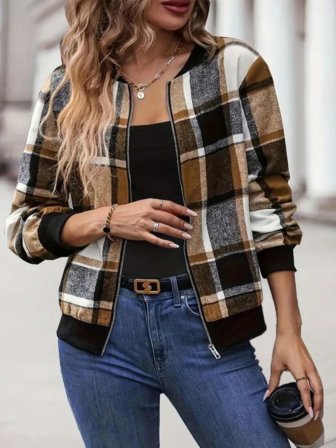 Plus Size Plaid Baseball Collar Zip Up Jacket - Clothes For Her Online Store