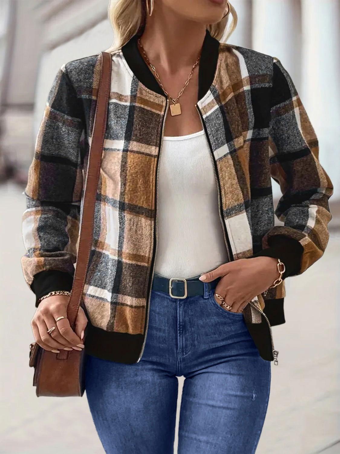 Plus Size Plaid Baseball Collar Zip Up Jacket - Clothes For Her Online Store