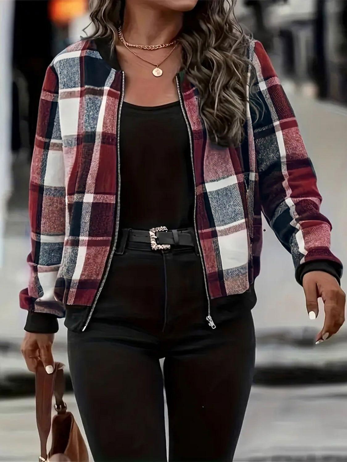 Plus Size Plaid Baseball Collar Zip Up Jacket - Clothes For Her Online Store