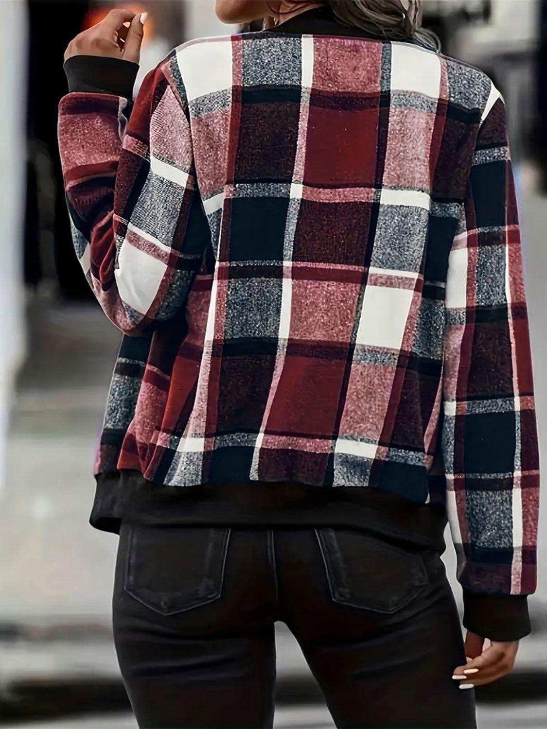 Plus Size Plaid Baseball Collar Zip Up Jacket - Clothes For Her Online Store