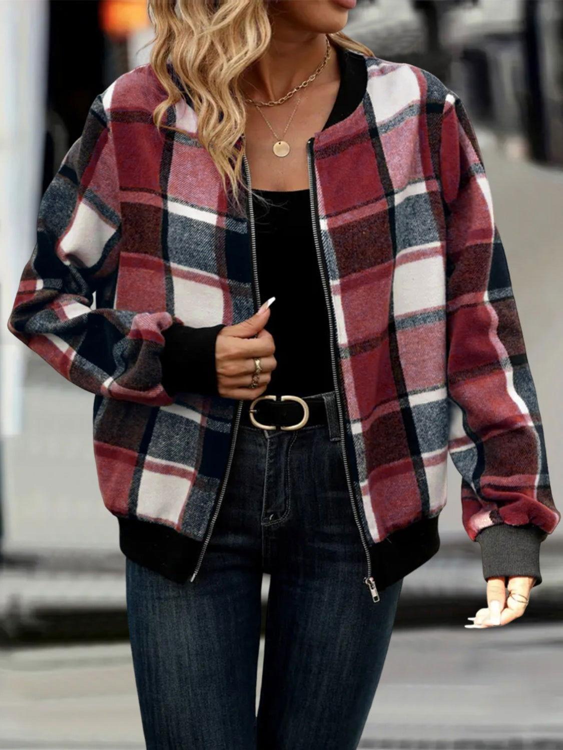 Plus Size Plaid Baseball Collar Zip Up Jacket - Clothes For Her Online Store
