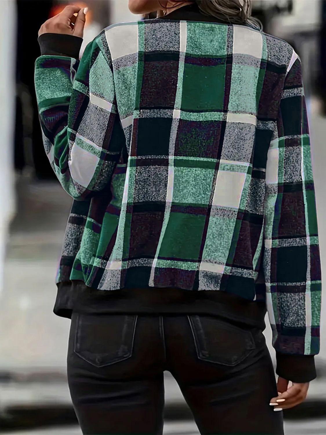 Plus Size Plaid Baseball Collar Zip Up Jacket - Clothes For Her Online Store
