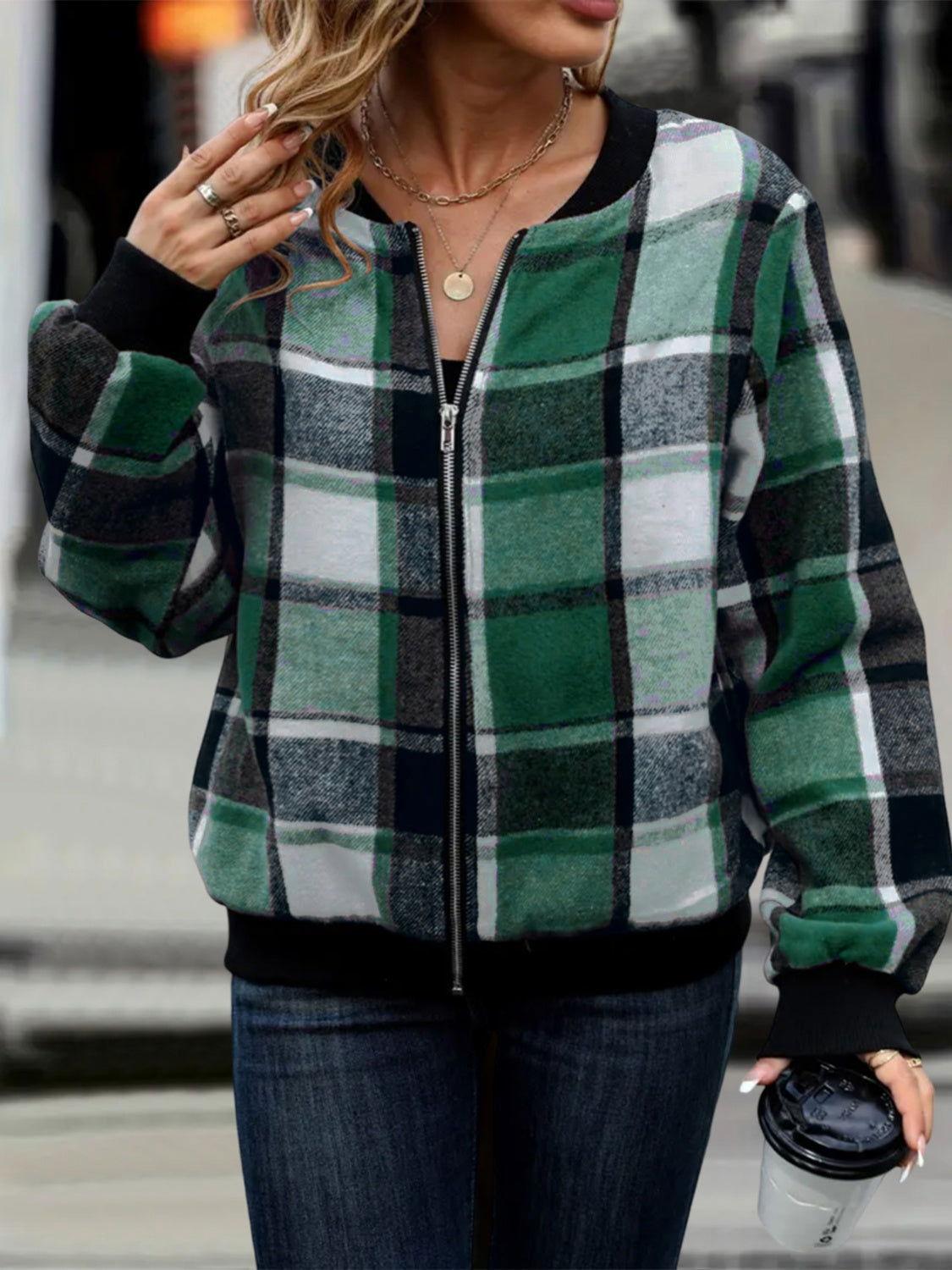 Plus Size Plaid Baseball Collar Zip Up Jacket - Clothes For Her Online Store