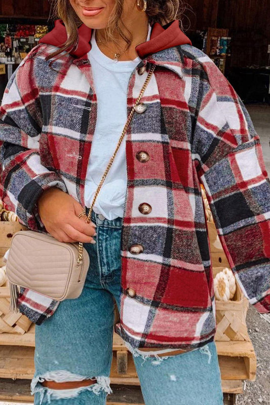 Plus Size Plaid Button Up Hooded Jacket - Clothes For Her Online Store