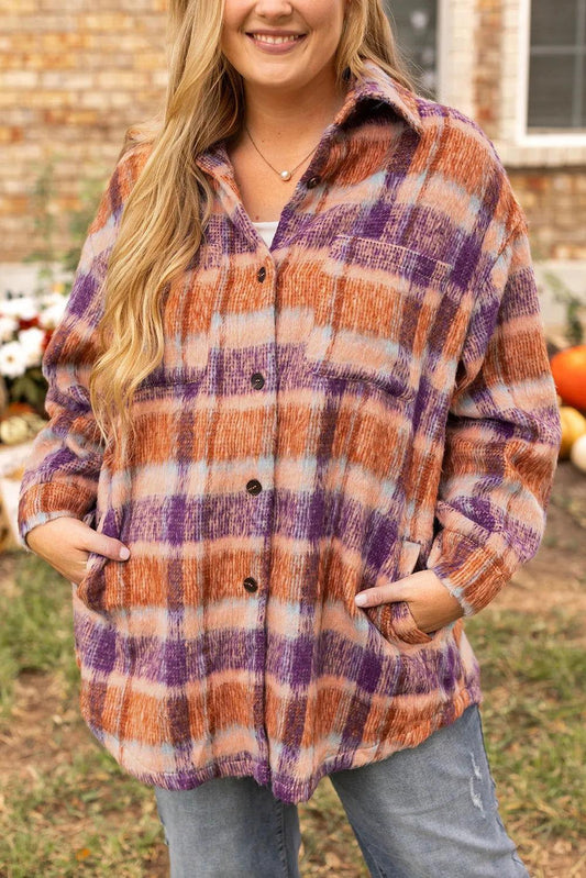 Plus Size Plaid Collared Neck Long Sleeve Jacket - Clothes For Her Online Store