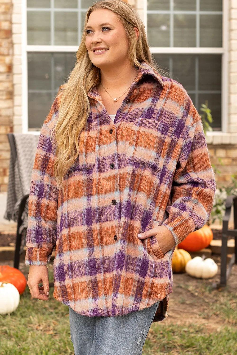 Plus Size Plaid Collared Neck Long Sleeve Jacket - Clothes For Her Online Store