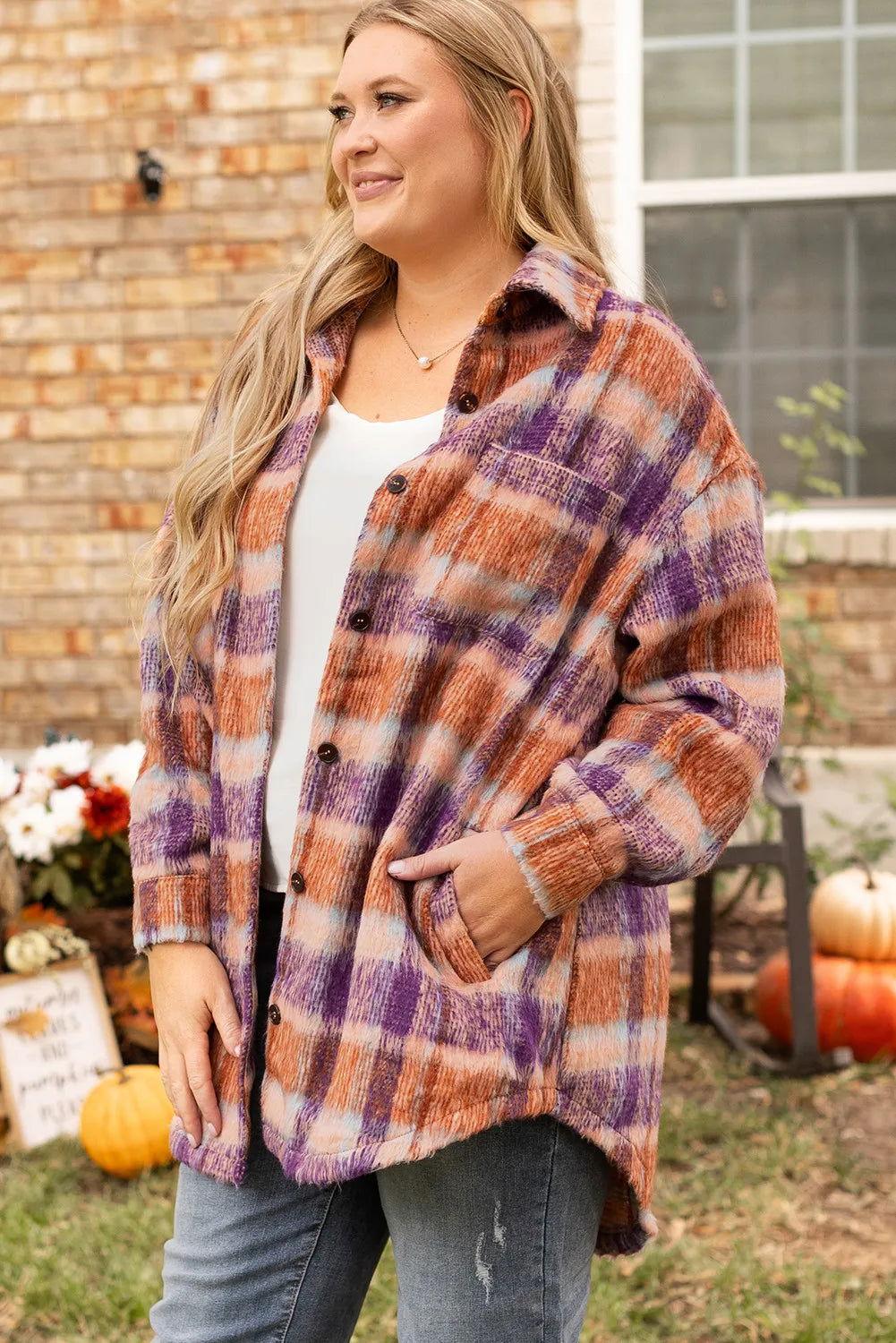 Plus Size Plaid Collared Neck Long Sleeve Jacket - Clothes For Her Online Store