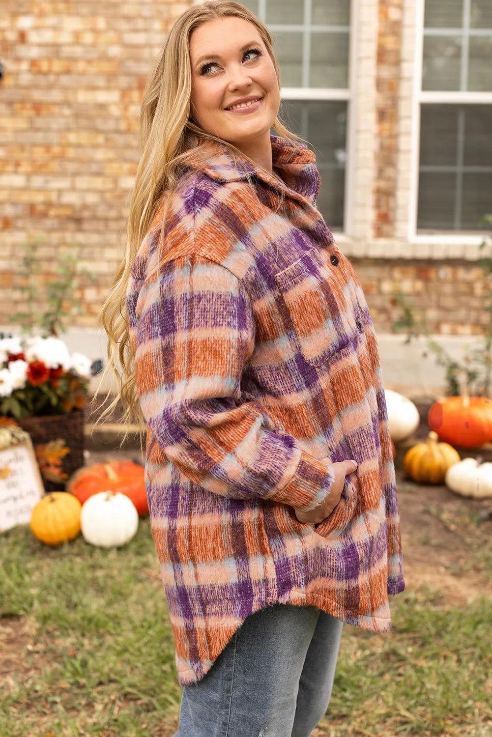 Plus Size Plaid Collared Neck Long Sleeve Jacket - Clothes For Her Online Store