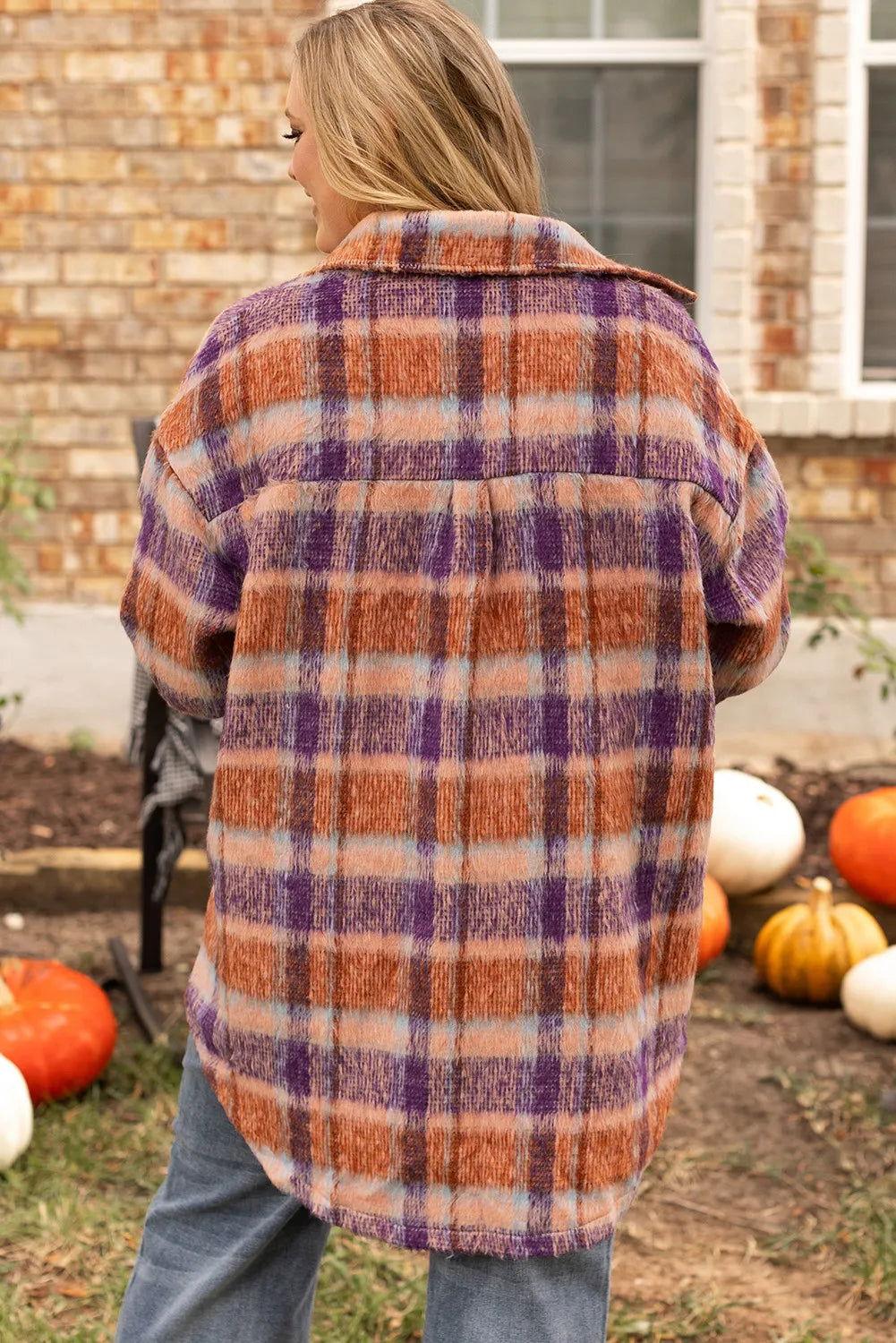 Plus Size Plaid Collared Neck Long Sleeve Jacket - Clothes For Her Online Store