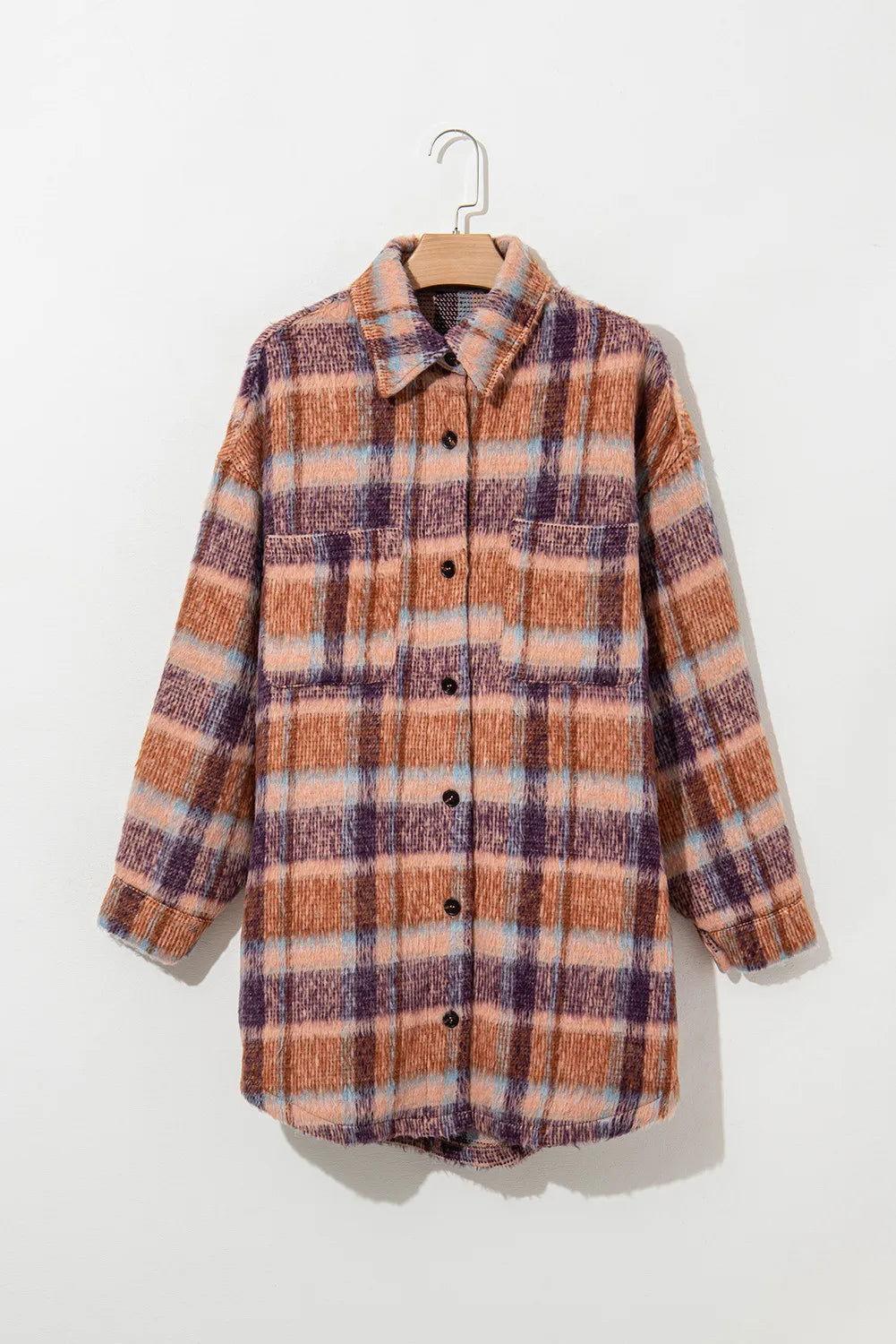 Plus Size Plaid Collared Neck Long Sleeve Jacket - Clothes For Her Online Store