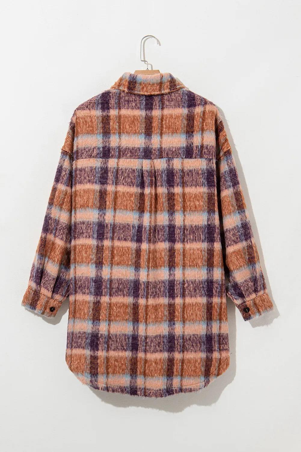 Plus Size Plaid Collared Neck Long Sleeve Jacket - Clothes For Her Online Store