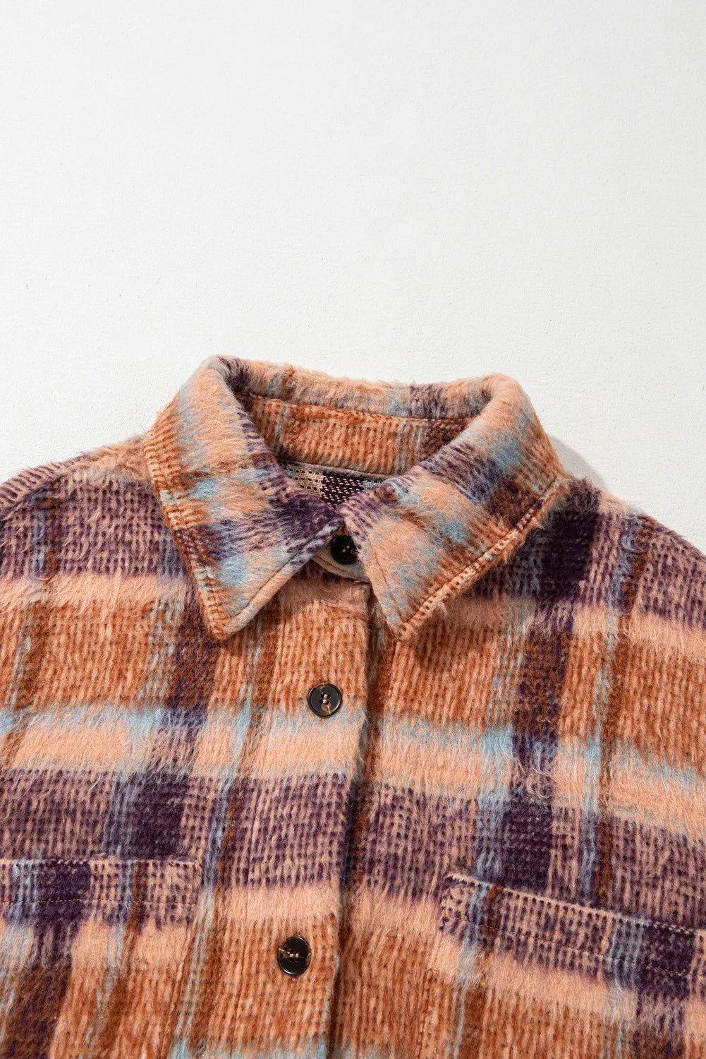 Plus Size Plaid Collared Neck Long Sleeve Jacket - Clothes For Her Online Store