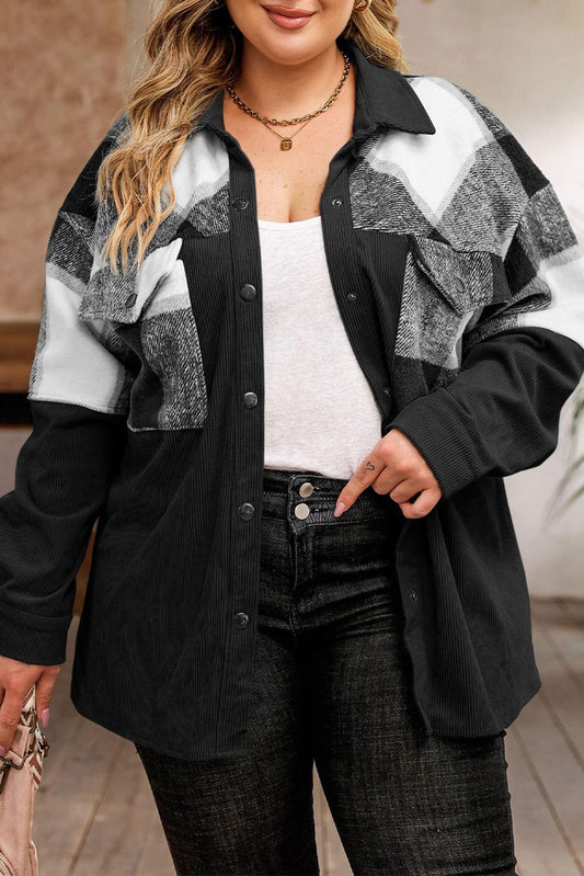Plus Size Plaid Snap Down Jacket with Pockets - Clothes For Her Online Store