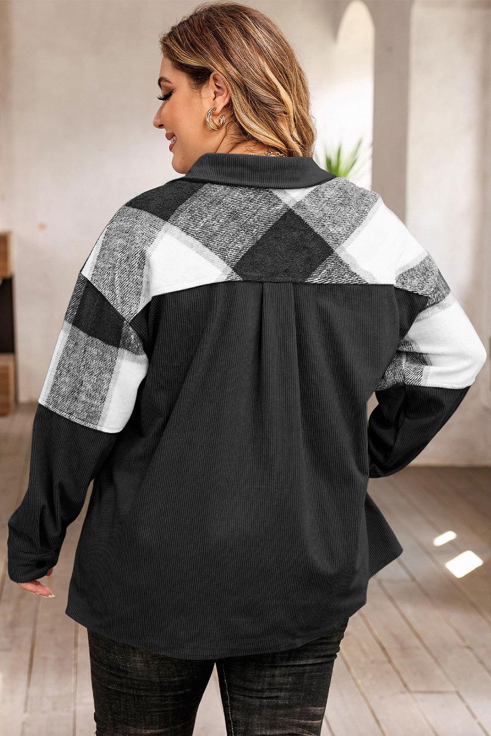 Plus Size Plaid Snap Down Jacket with Pockets - Clothes For Her Online Store