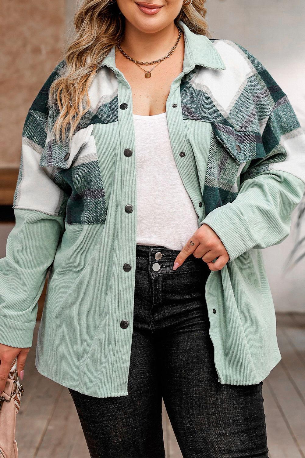 Plus Size Plaid Snap Down Jacket with Pockets - Clothes For Her Online Store
