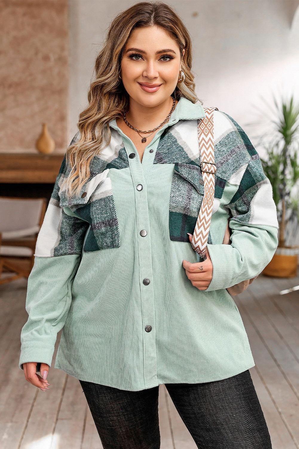 Plus Size Plaid Snap Down Jacket with Pockets - Clothes For Her Online Store