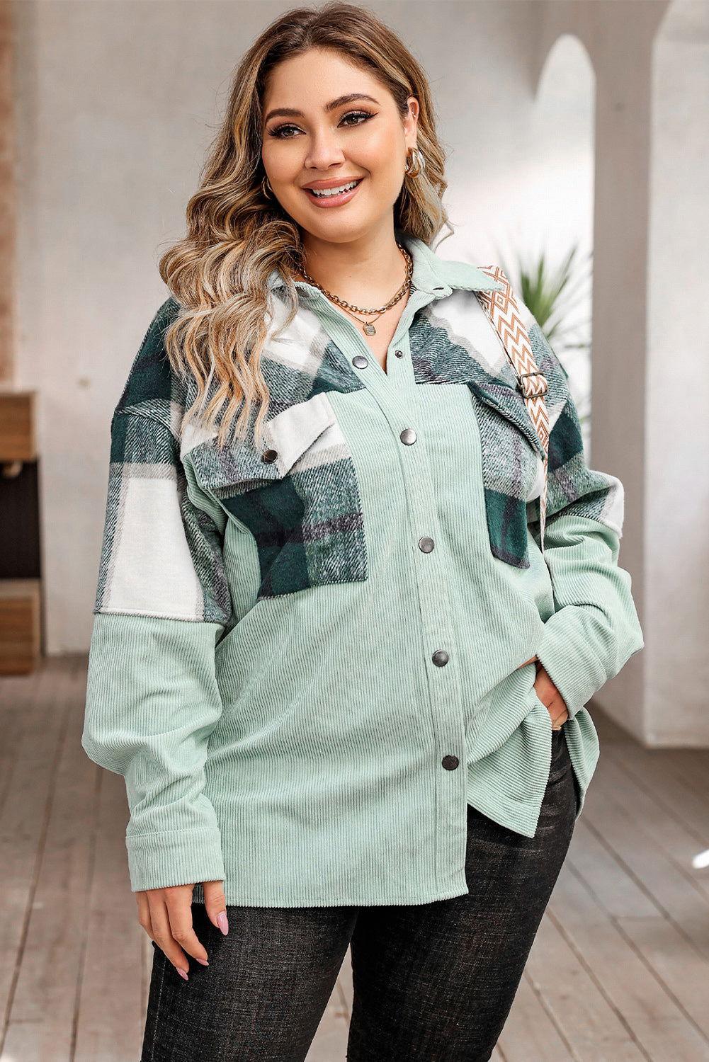 Plus Size Plaid Snap Down Jacket with Pockets - Clothes For Her Online Store