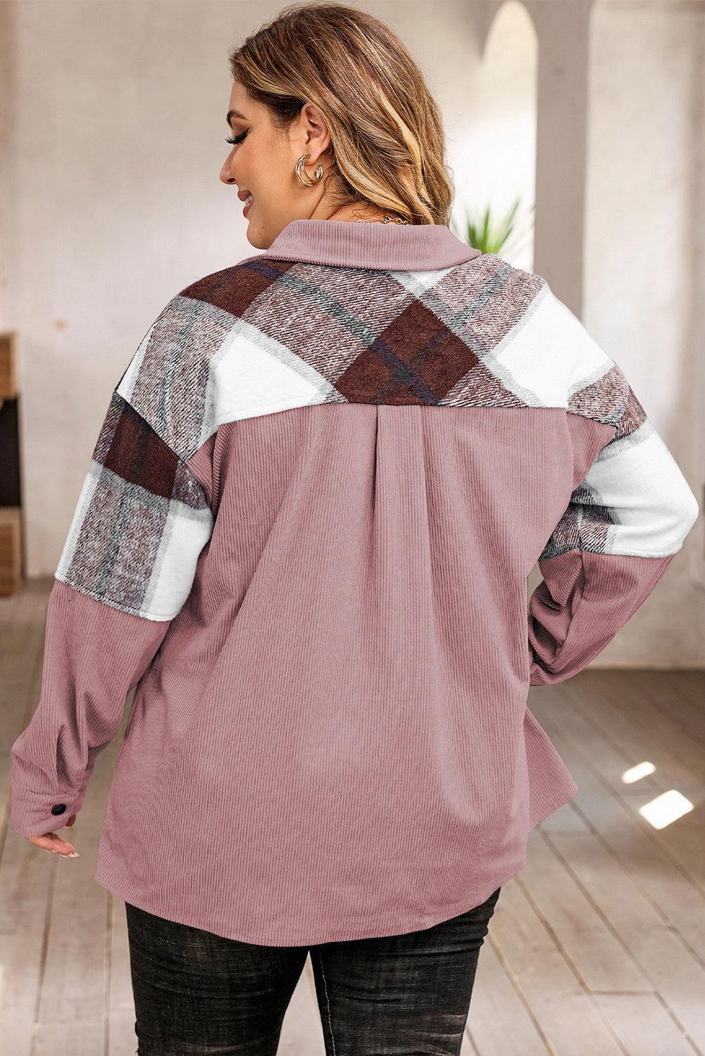 Plus Size Plaid Snap Down Jacket with Pockets - Clothes For Her Online Store