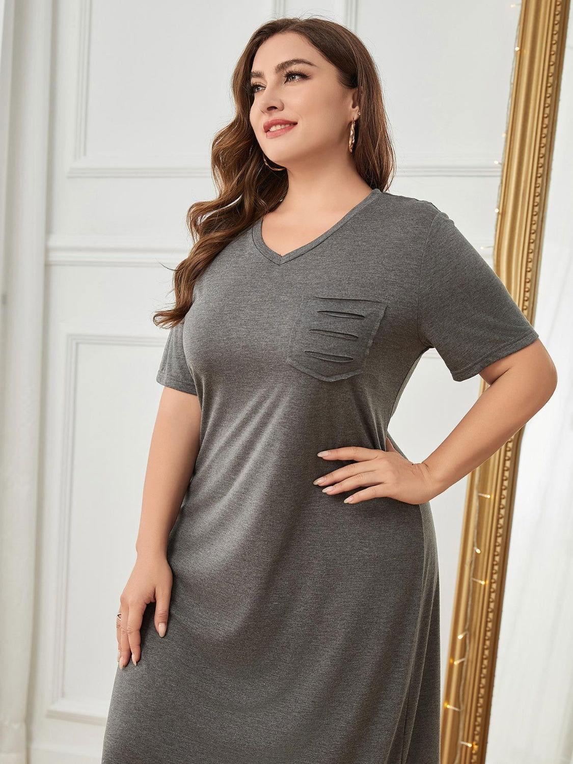 Plus Size Pocketed V-Neck Short Sleeve Lounge Dress - Clothes For Her Online Store
