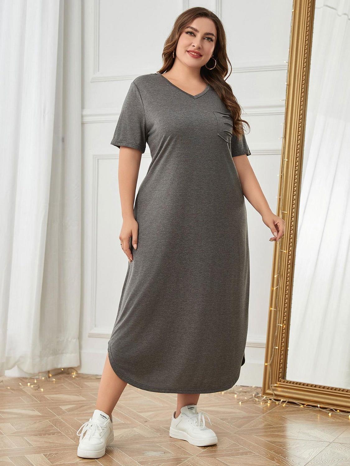 Plus Size Pocketed V-Neck Short Sleeve Lounge Dress - Clothes For Her Online Store