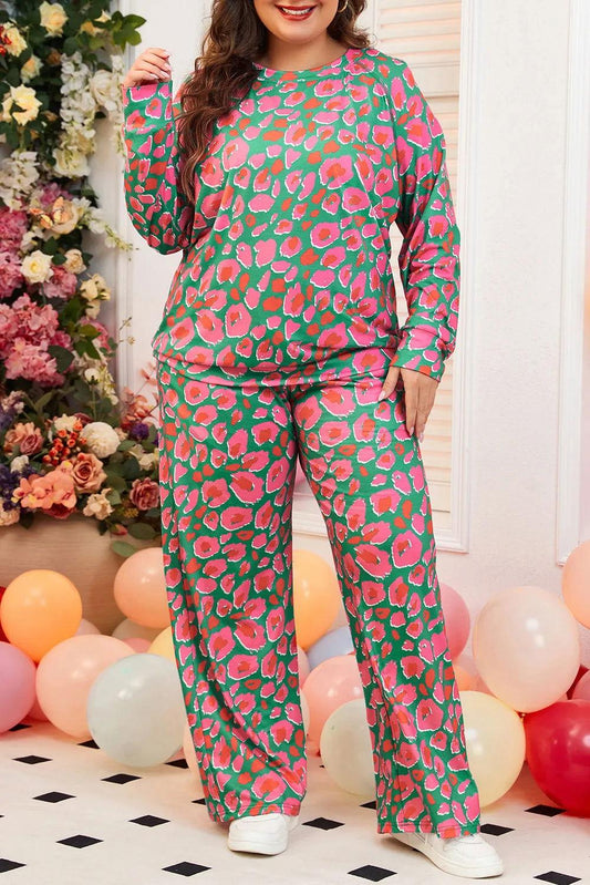 Plus Size Printed Round Neck Long Sleeve Top and Pants Set - Clothes For Her Online Store