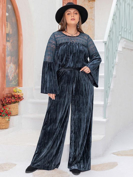 Plus Size Round Neck Flare Sleeve Top and Pants Set - Clothes For Her Online Store