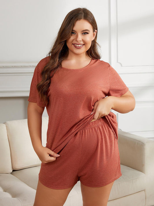 Plus Size Round Neck Short Sleeve Two-Piece Loungewear Set - Clothes For Her Online Store