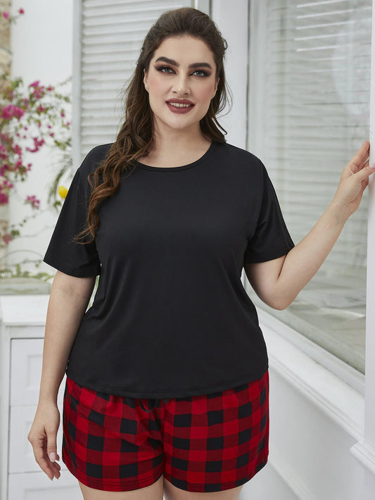 Plus Size Round Neck Tee Shirt and Plaid Shorts Lounge Set - Clothes For Her Online Store