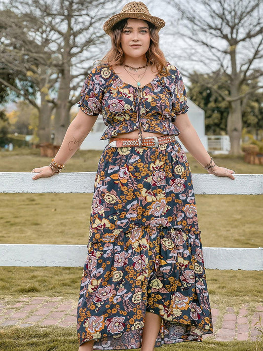 Plus Size Tie Neck Short Sleeve Top and Skirt Set - Clothes For Her Online Store