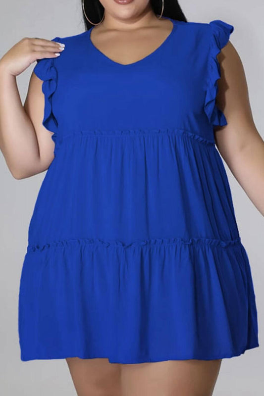 Plus Size V-Neck Frill Trim Mini Dress - Clothes For Her Online Store