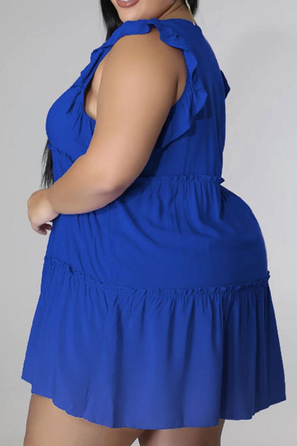 Plus Size V-Neck Frill Trim Mini Dress - Clothes For Her Online Store